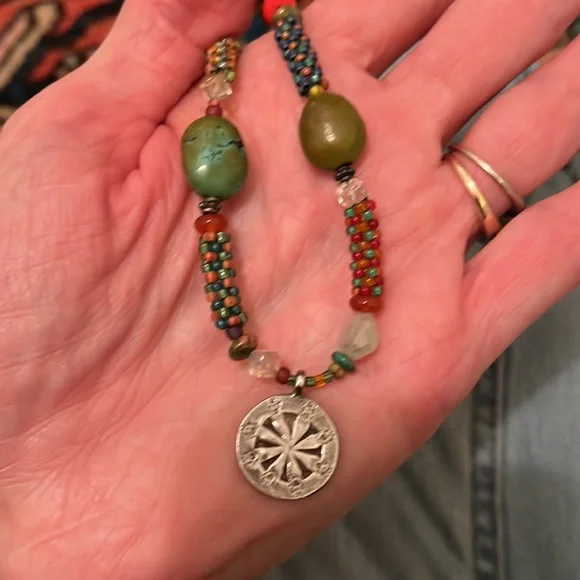 Artisan created beaded necklace with Thai silver pendant. 16”. - Picture 7 of 7